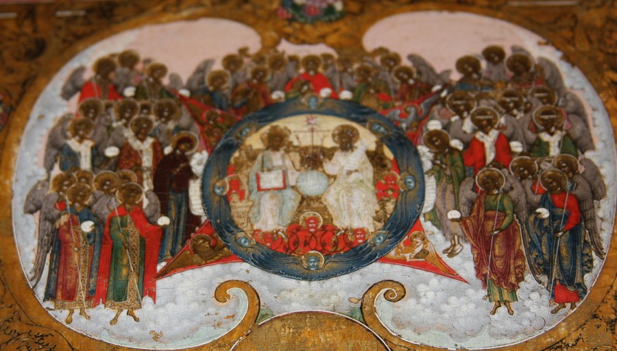 Фрагмент иконы св. Анфиногена. Клеймо «Троица Новозаветная (Сопрестолие)»