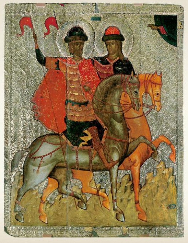 Икона святых Бориса и Глеба. Новгород. Последняя треть XIV века (около 1377?). Оклад – вторая треть XVI века