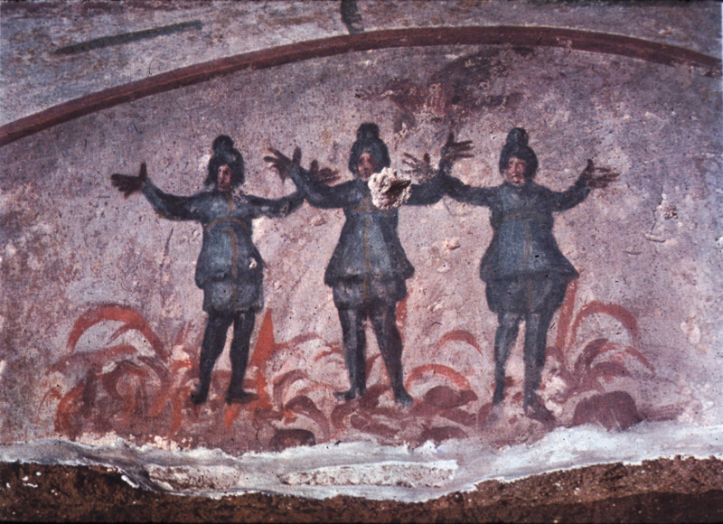 Три отрока в пещи огненной. Раннехристианская катакомбная фреска. Катакомбы Присциллы (Рим). IV век