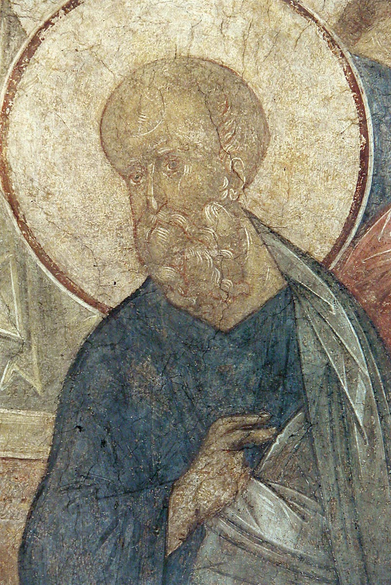 Апостол Иоанн, 1408 г.,  преподобный Андрей Рублев. Фрагмент фрески «Страшный суд» из Успенского собора г. Владимира