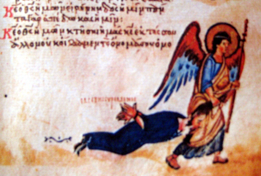 Ангел тащит еретика-иконоборца. Миниатюра Хлудовской Псалтыри, XII—XIII вв.