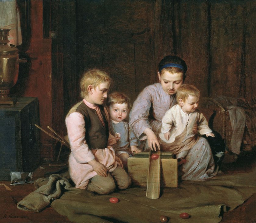 Н. А. Кошелев. Дети, катающие пасхальные яйца. 1855