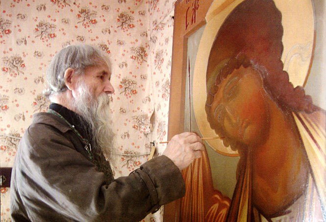 Симеон Терентьевич Быкадоров за работой. Фото из Древлеправославного календаря на 2008 год (Рига)