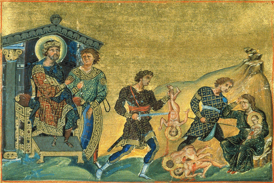 Святые мученики 14 000 младенцев от Ирода в Вифлееме избиенные, миниатюра Минология Василия II, Константинополь, 985 год