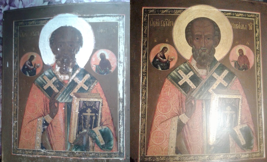 Икона «Святитель Христов Никола» до и после реставрации для моленной с. Белогорное
