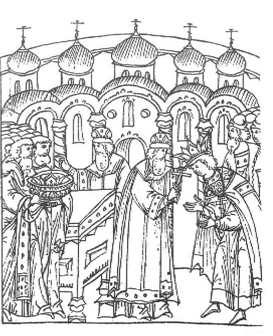 Митрополит Макарий благословляет Ивана Грозного во время венчания на царство