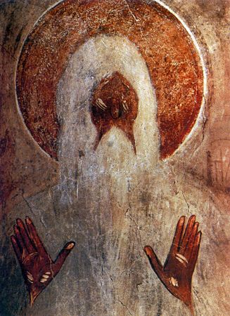 Преподобный Макарий Великий. Феофан Грек, фрагмент фрески. Новгород, XIV век