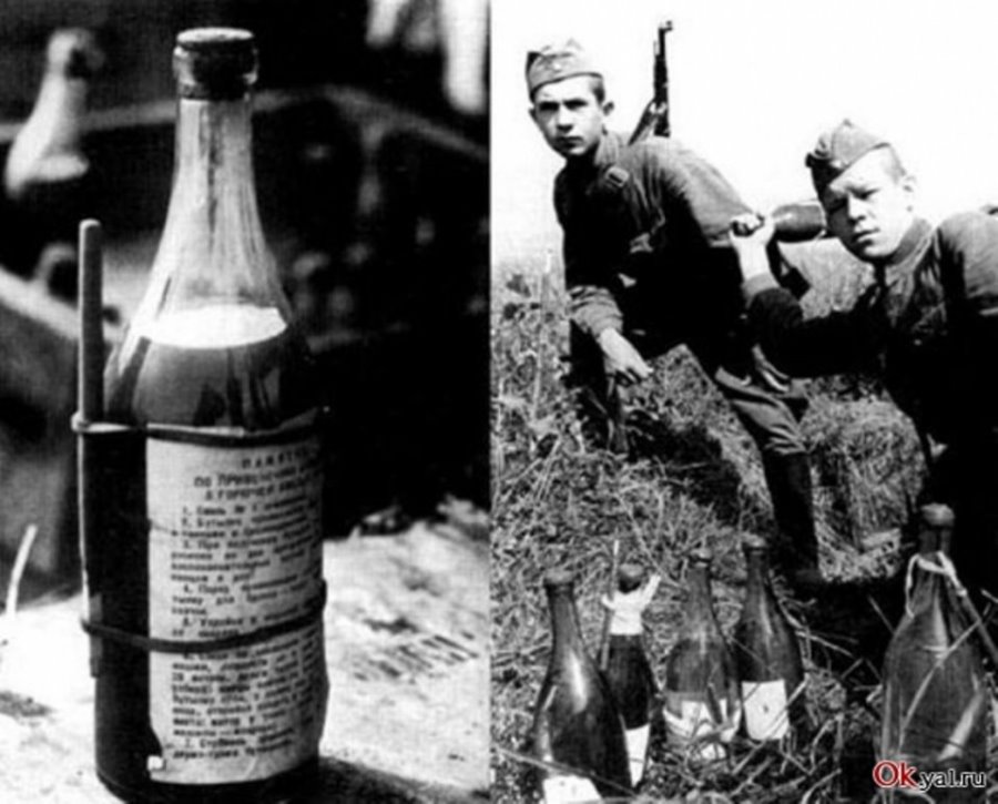 Солдаты красной армии вооружены бутылками с зажигательной смесью
