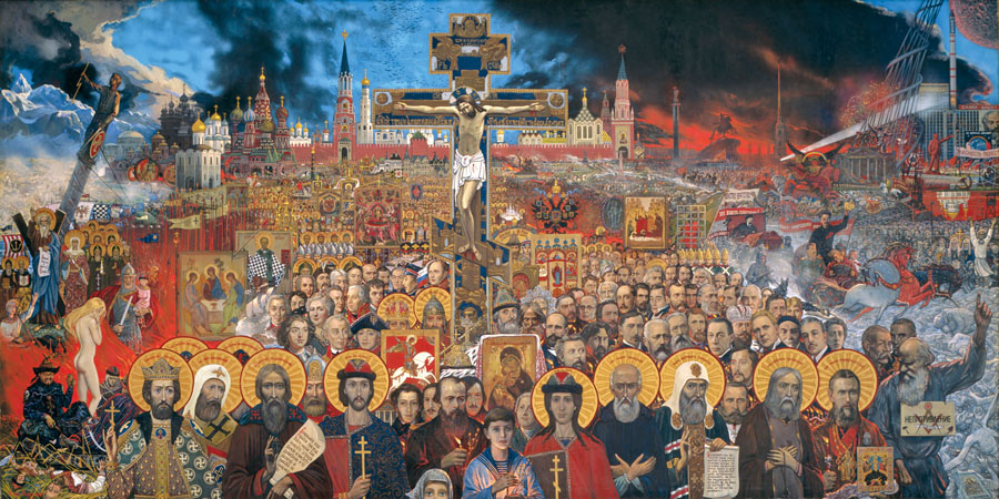 Илья Глазунов "Вечная Россия", 1988 г. В центре картины на первом плане изображены князья Борис и Глеб с восьмиконечными крестами в руках