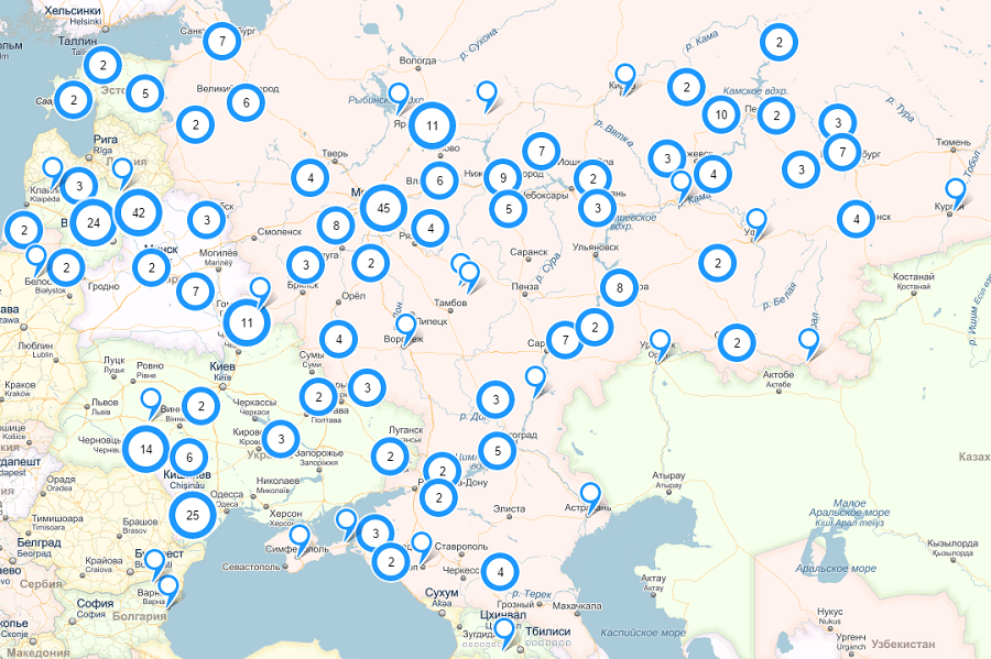 Карта старообрядческих общин на сайте «Русская вера». Фрагмент