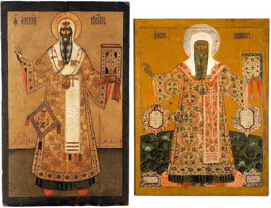 Слева: Святитель Алексий Московский. Мастер Оружейной палаты. Справа: икона кисти Ивана Колычева
