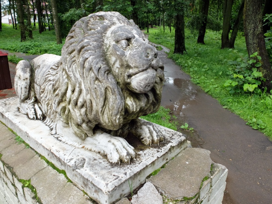 Каменные львы охраняют вход в  парк, некогда оглашавшийся голосами многочисленных жителей города, а ныне пустынный, тенистый и загадочный