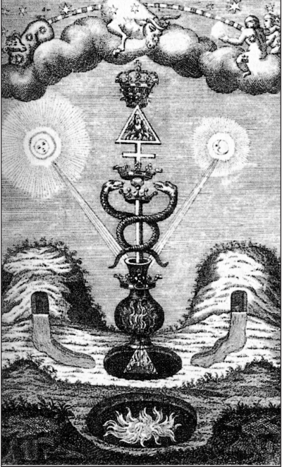 Кадуцей. объединяющий мужской и женский принципы — символ Делания Великого. Гравюра. Франкфурт. 1765