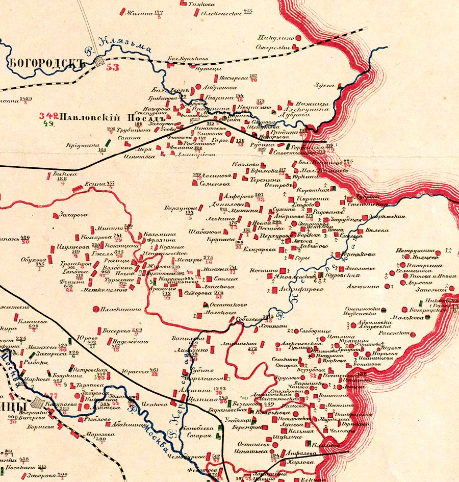 Фрагмент карты раскольничьих селений Московской губернии, изданной в 1871 году