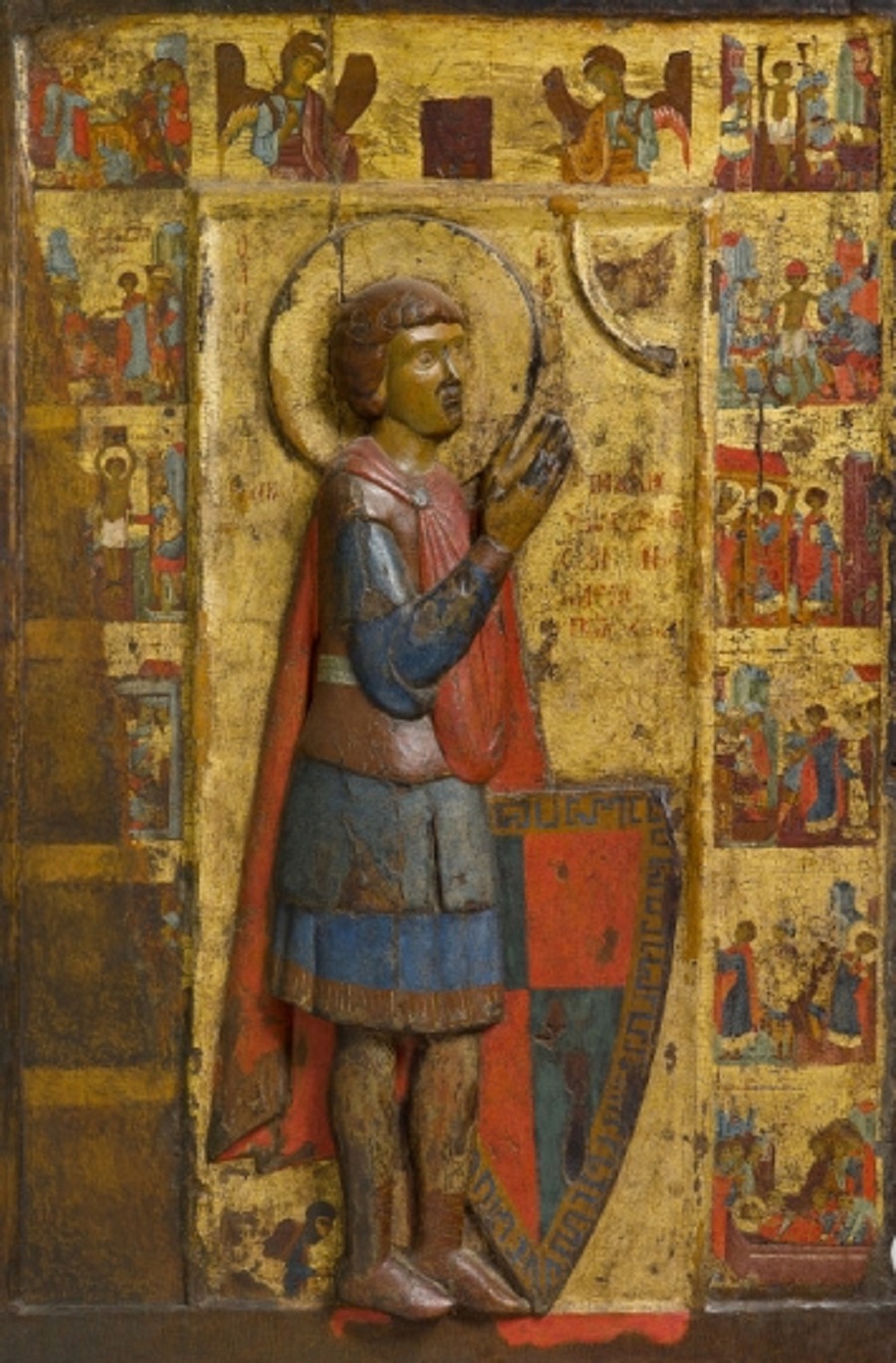  Рельефный образ великомученика Георгия со сценами жития, выполненный в технике резьбы по дереву