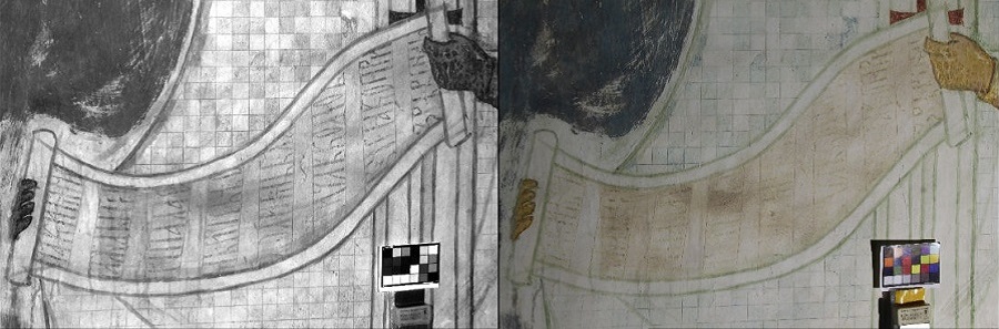 Пример обработанного (слева) и исходного изображений, полученный при мультиспектральной съемке фресок собора Рождества Богородицы Ферапонтова монастыря 