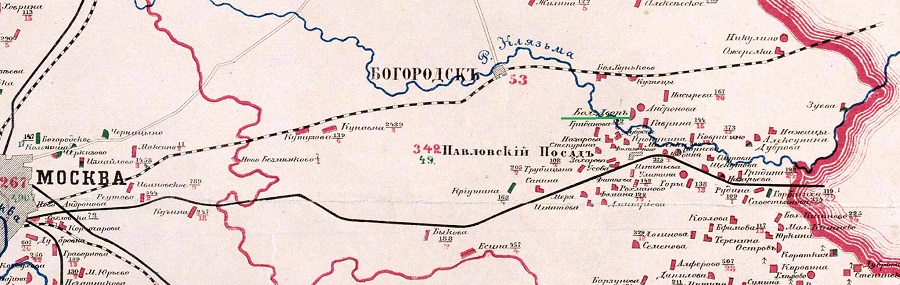 Карта раскольничьих селений Московской губернии. 1871 год. Фрагмент