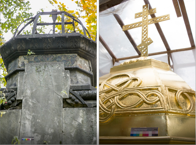 Восстановлению подверглись: восьмиконечный резной крест и медный купол часовни с декоративными накладными элементами