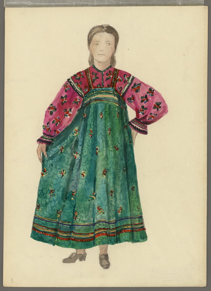 Яковлева Е.Г. Таблица-зарисовка старообрядческого костюма девушки. 1954 г.