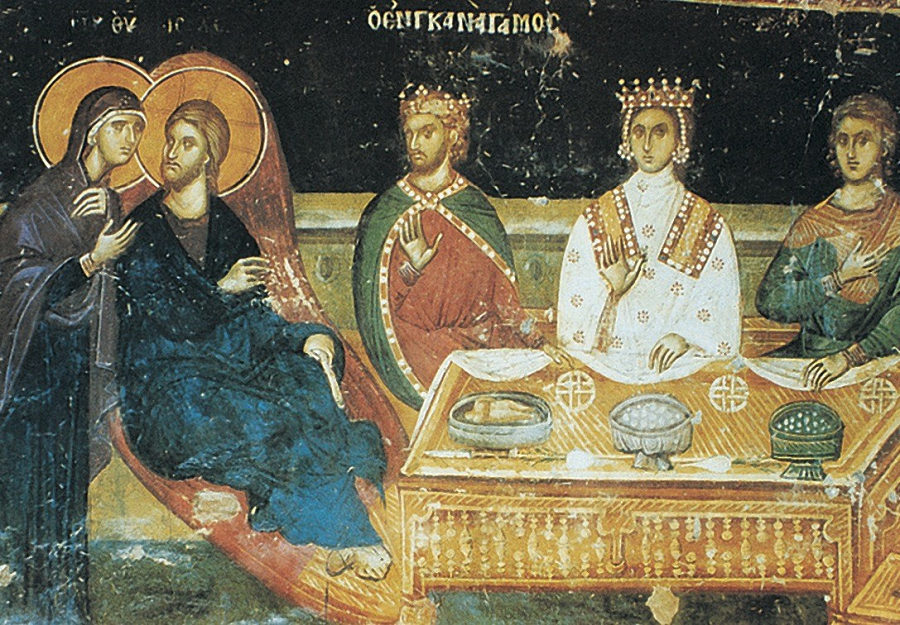 Брак в Кане Галилейской (Ин. 2:1–11). Фреска церкви святителя Николы Орфанос в Cалониках. XIV в. 