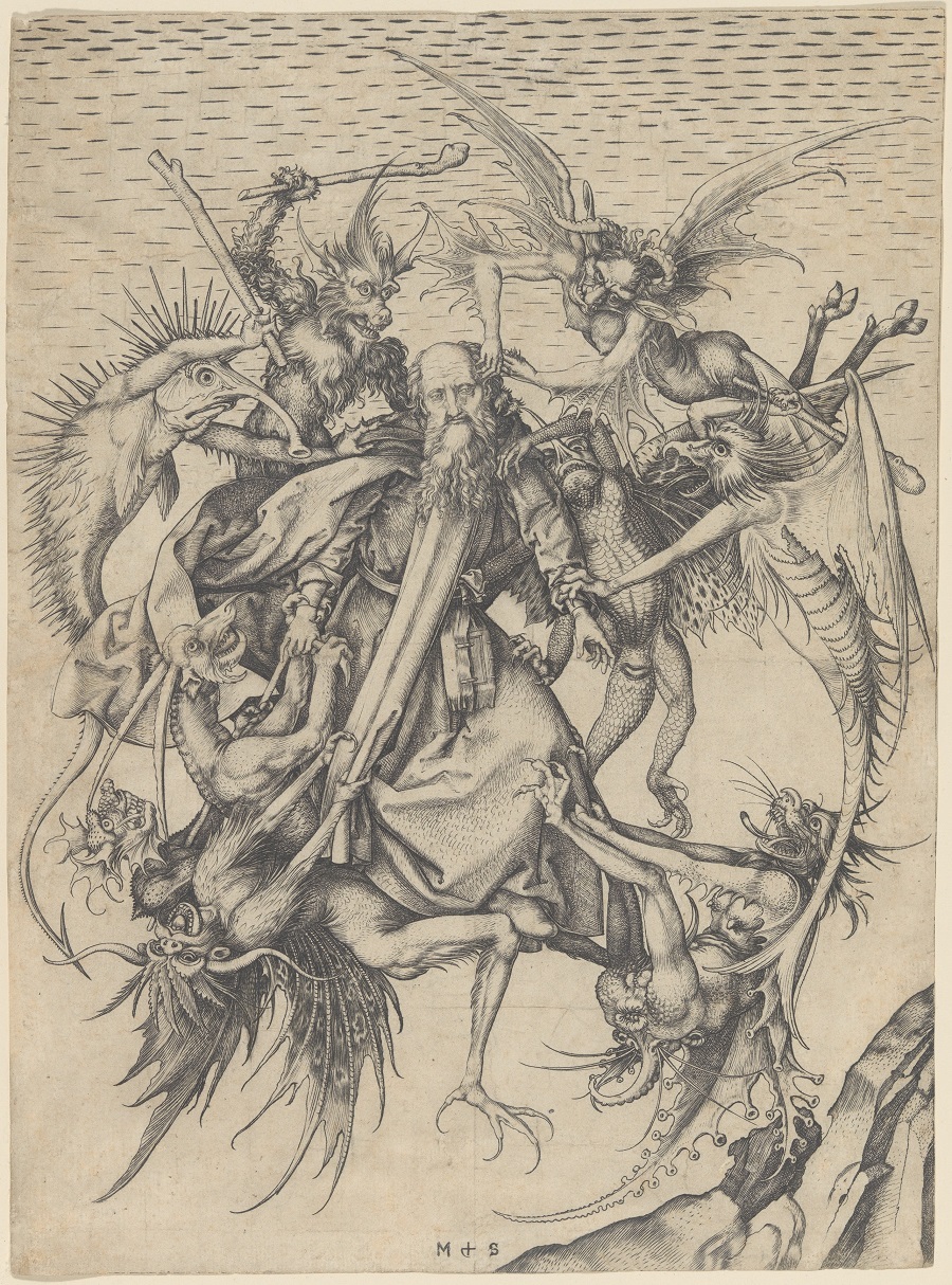 Святой Антоний Великий, избиваемый демонами, желающими прогнать его с места отшельнического подвига. Мартин Шонгауэр. 1480 год