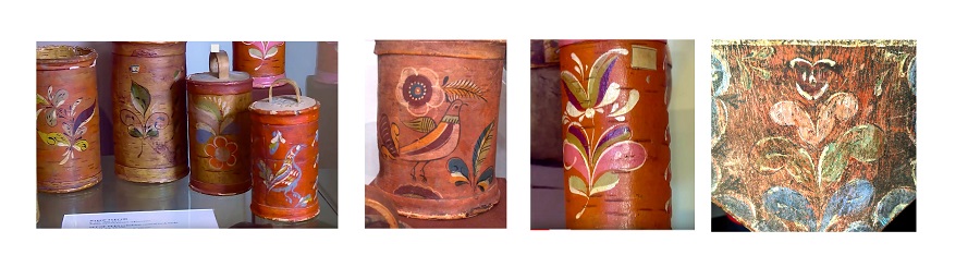 Туеса, слева направо: 1, 2, 3 — Вологодский ГИАХМЗ, 4 — фрагмент росписи прялки, частное собрание